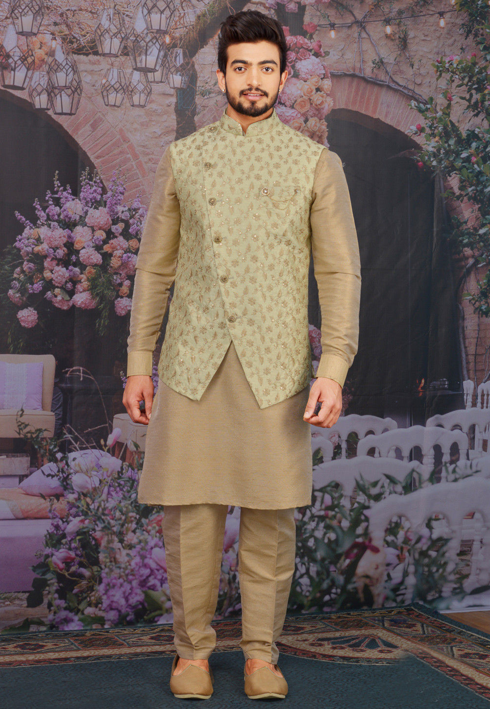Embroidered Art Silk Kurta Jacket Set in Beige and Pastel Green : MGV1084