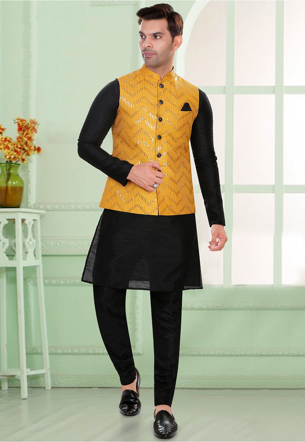Embroidered Art Silk Kurta Jacket Set in Black and Yellow MHG2408
