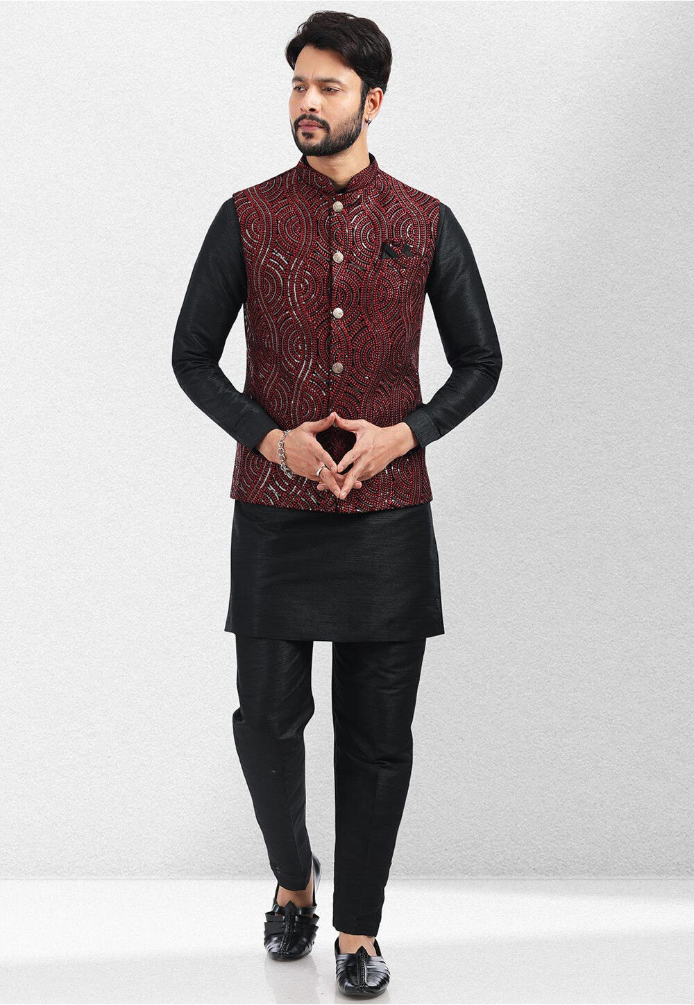 Buy Black Paisley Jacket With Red Draped Kurta Set Online in the USA  @Manyavar - Kurta Jacket Set for Men