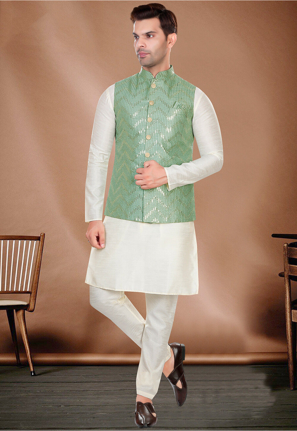 Cream Silk Kurta Jacket Set For Men With Subtle Thread Work