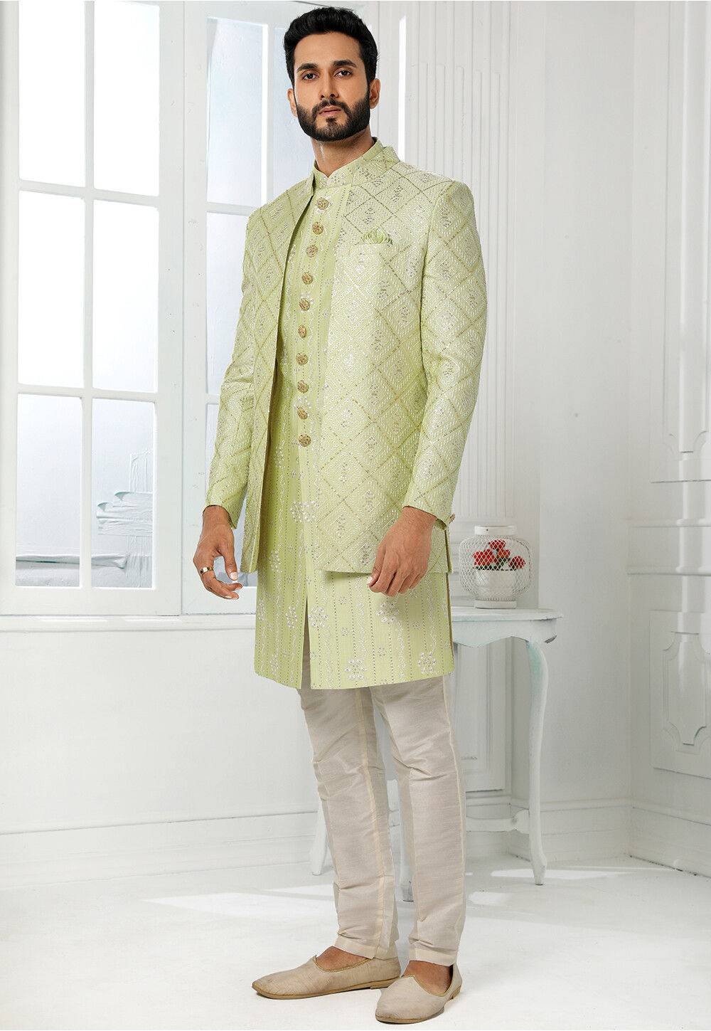 Buy Green Banarasi Art Silk Embroidered Placket Kurta And Churidar