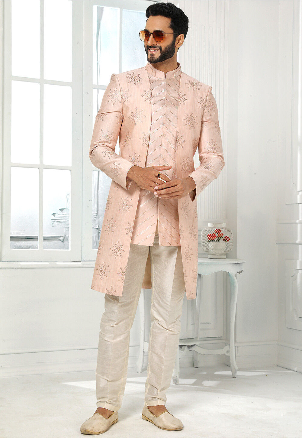 Buy Embroidered Art Silk Kurta Jacket Set in Light Pink Online