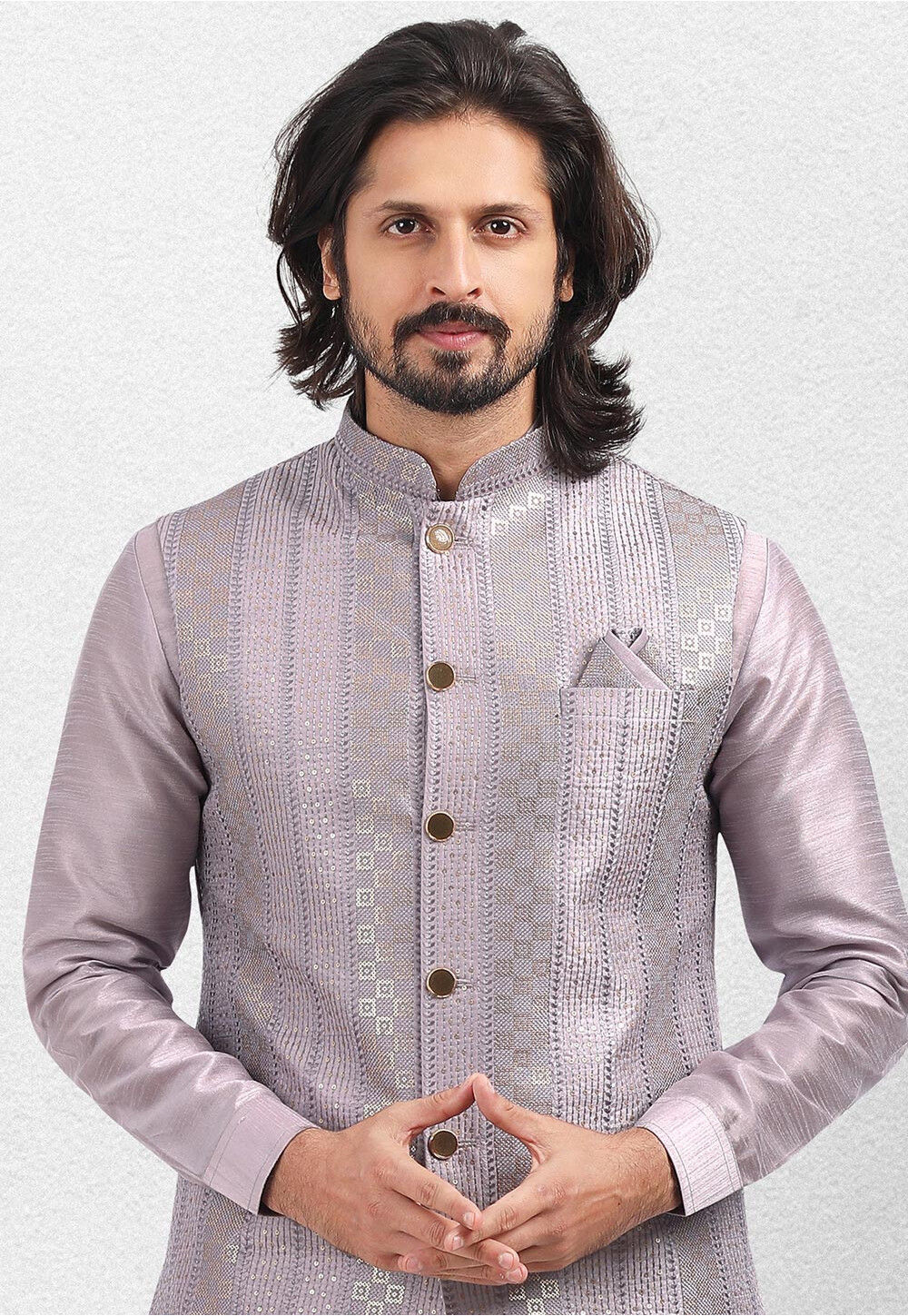 Buy Embroidered Art Silk Kurta Jacket Set in Light Purple Online