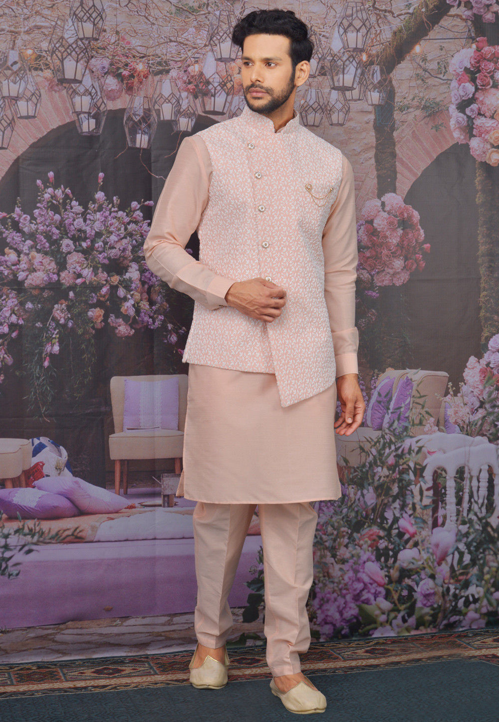 Buy Embroidered Art Silk Kurta Jacket Set in Peach Online MGV1086