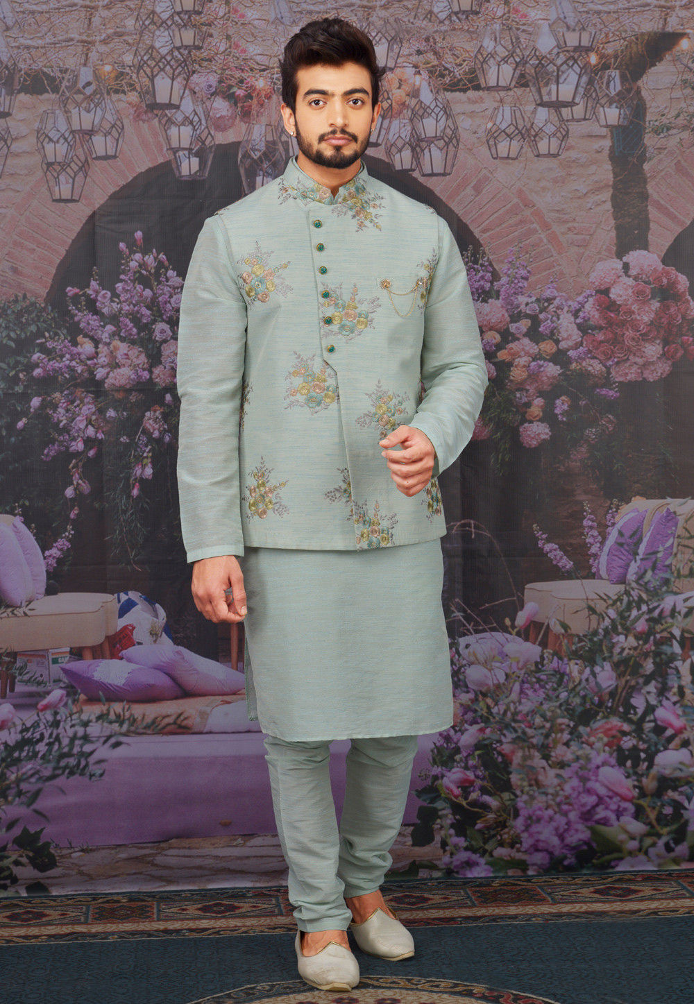 Buy Embroidered Art Silk Kurta Jacket Set in Sky Blue Online MGV1092 Utsav Fashion