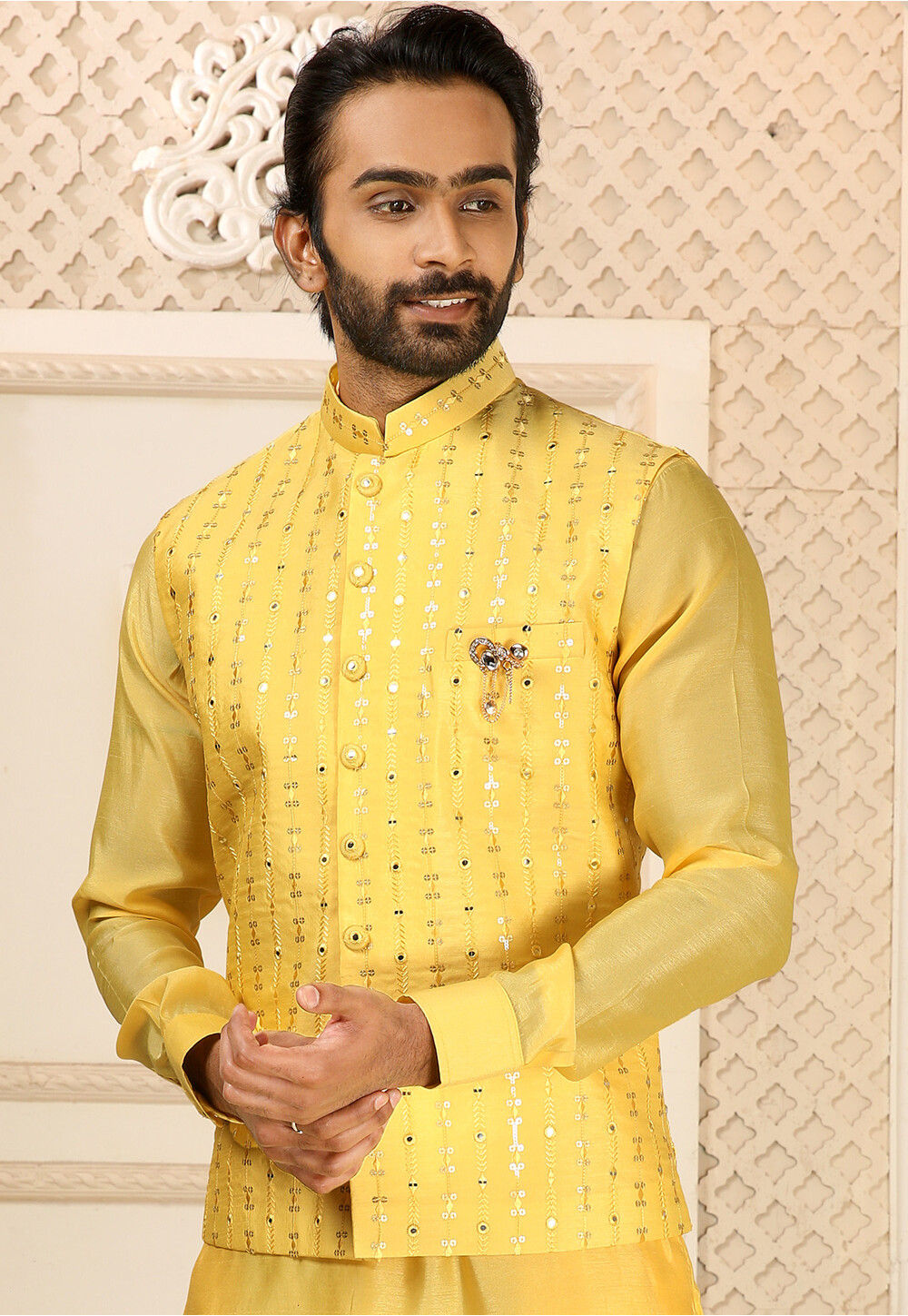 Yellow colour kurta pajama with 2025 jacket