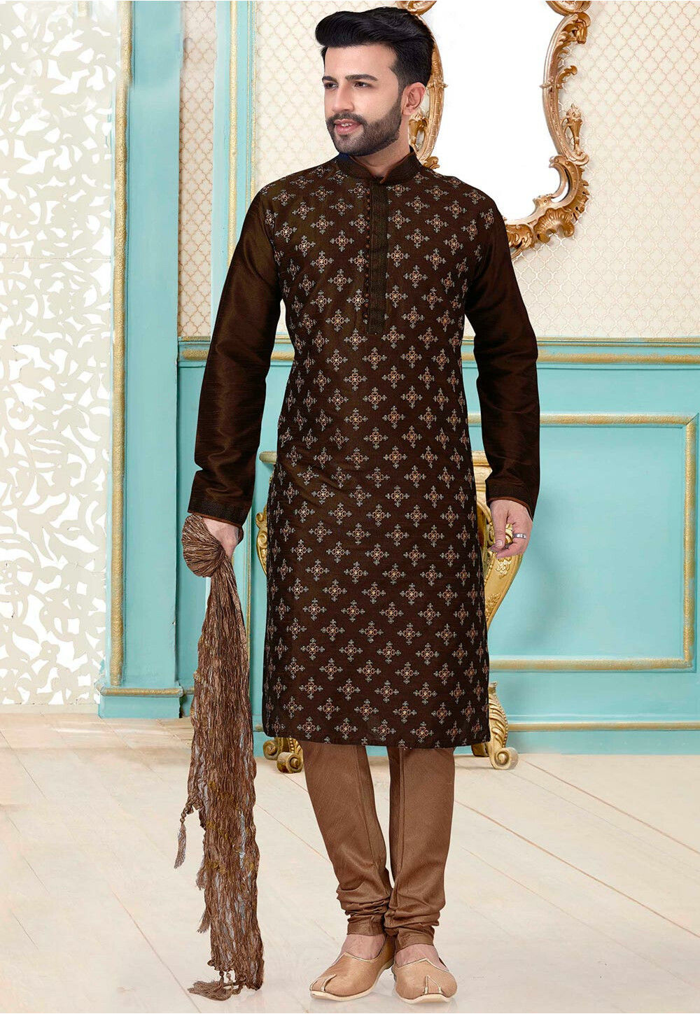 Embroidered Art Silk Kurta Set in Brown : MMQ1061