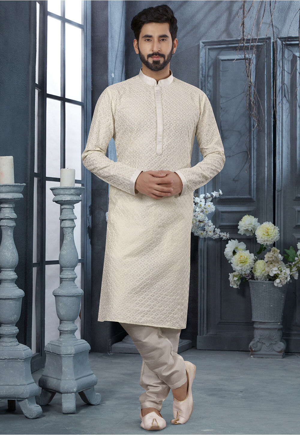 Off White Kurta Art Silk Trouser main image 0