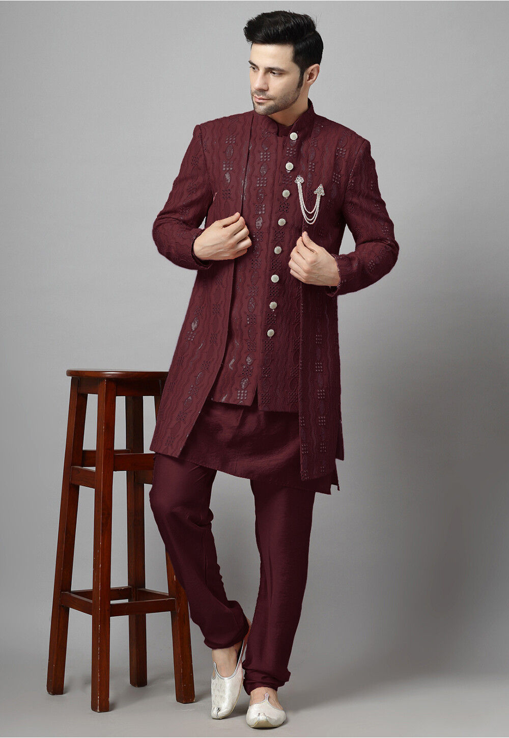 Ruhani Wine Flared Sleeves Silk Kurta with Bandhej