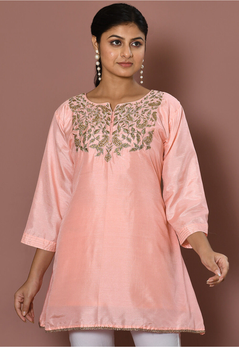 Embroidered Art Silk Kurti With Pant main image 1