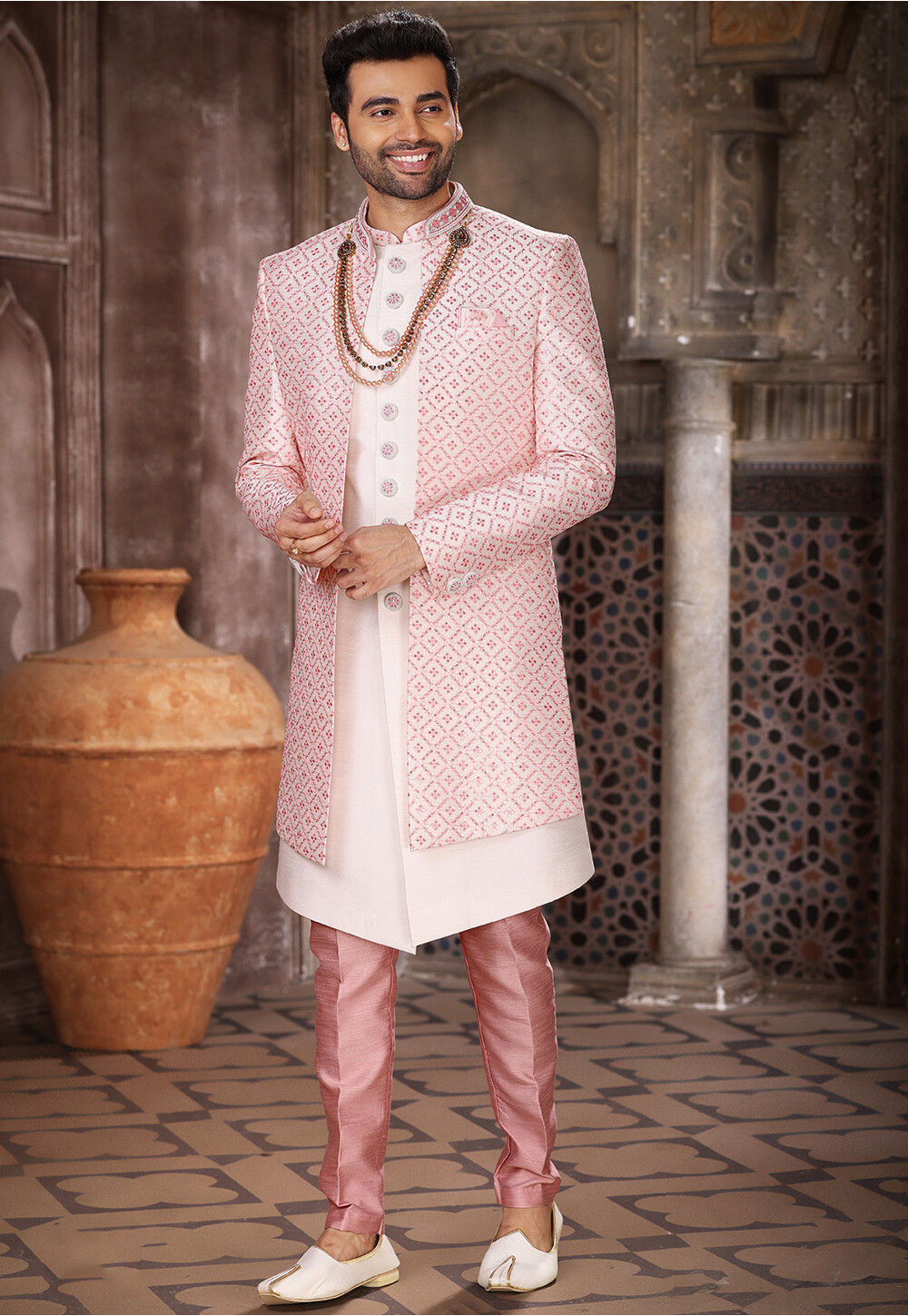 Embroidered Art Silk Layered Sherwani in Light Pink