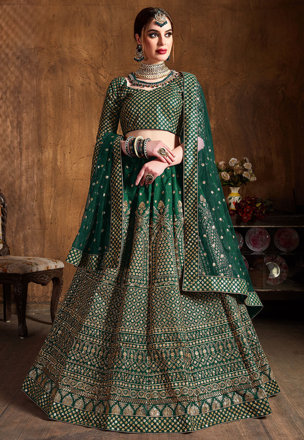 Dark Green/ Red Banarasi Art Silk Lehenga Choli - Lehengas Designer  Collection