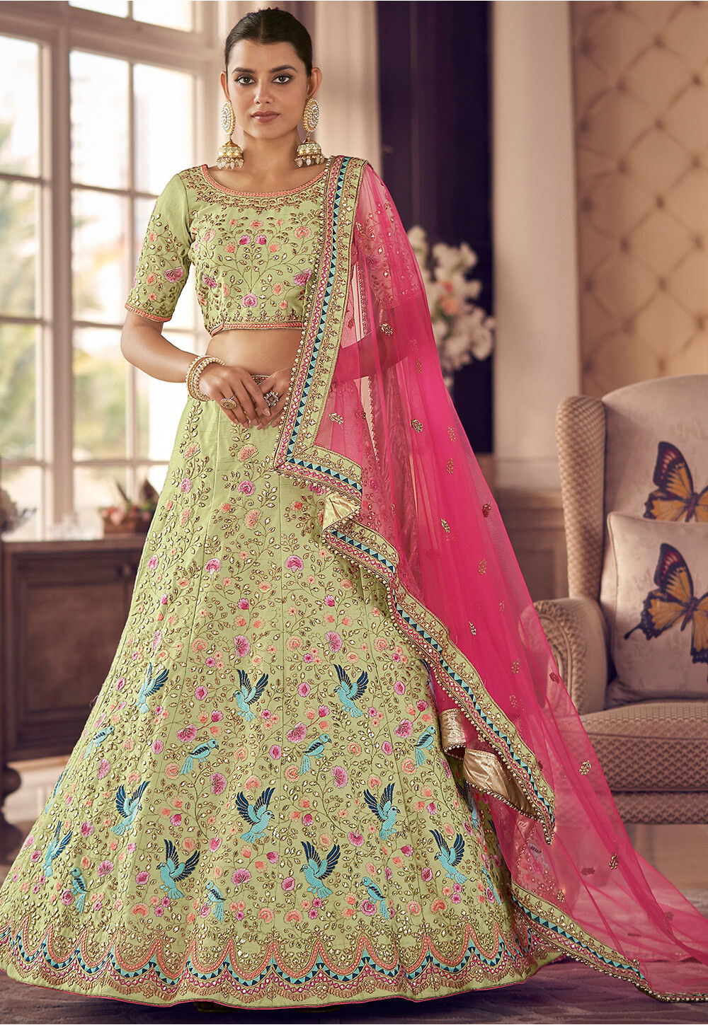 Light Green Thread Embroidered Net Lehenga – Maharani