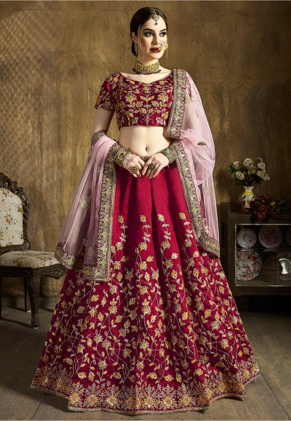 Embroidered Art Silk Lehenga in Wine : LYC1112