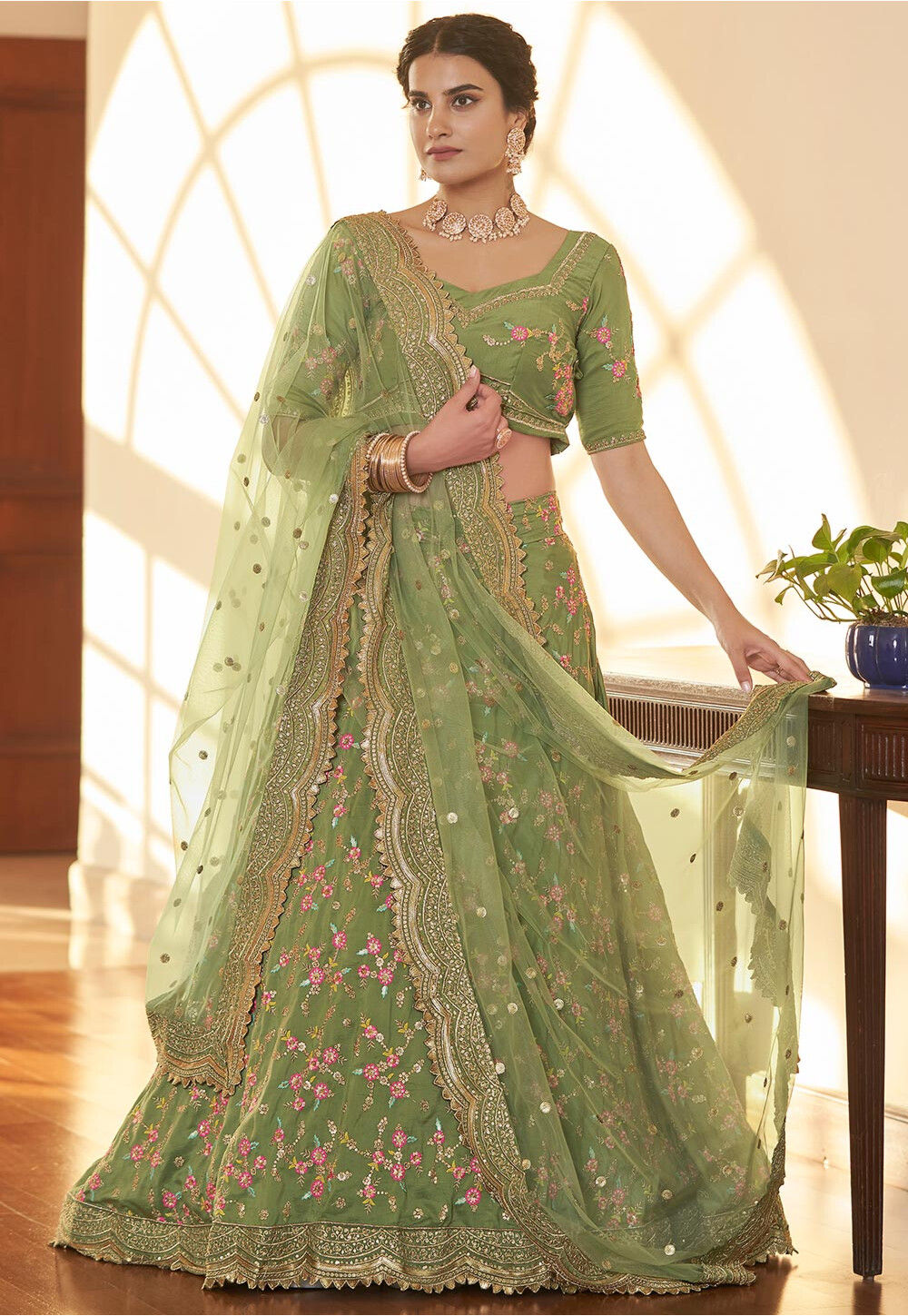 Shop Bollywood Lehenga - Olive Green Multi Embroidery Wedding Lehenga Choli  At Hatkay