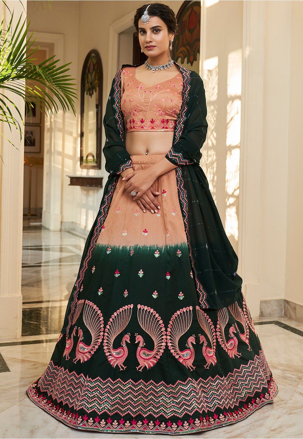 SHOPGARB Peach & Silver-Toned Semi-Stitched Lehenga & Unstitched Blouse  With Net Dupatta - Absolutely Desi