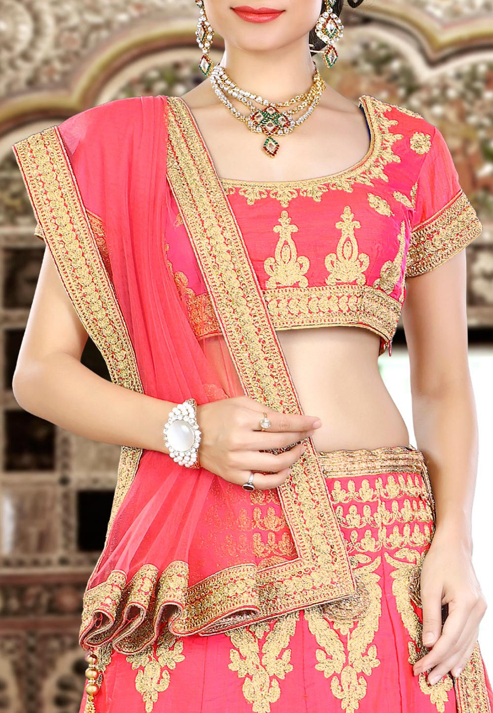 Embroidered Art Silk Lehenga in Pink : LXW461