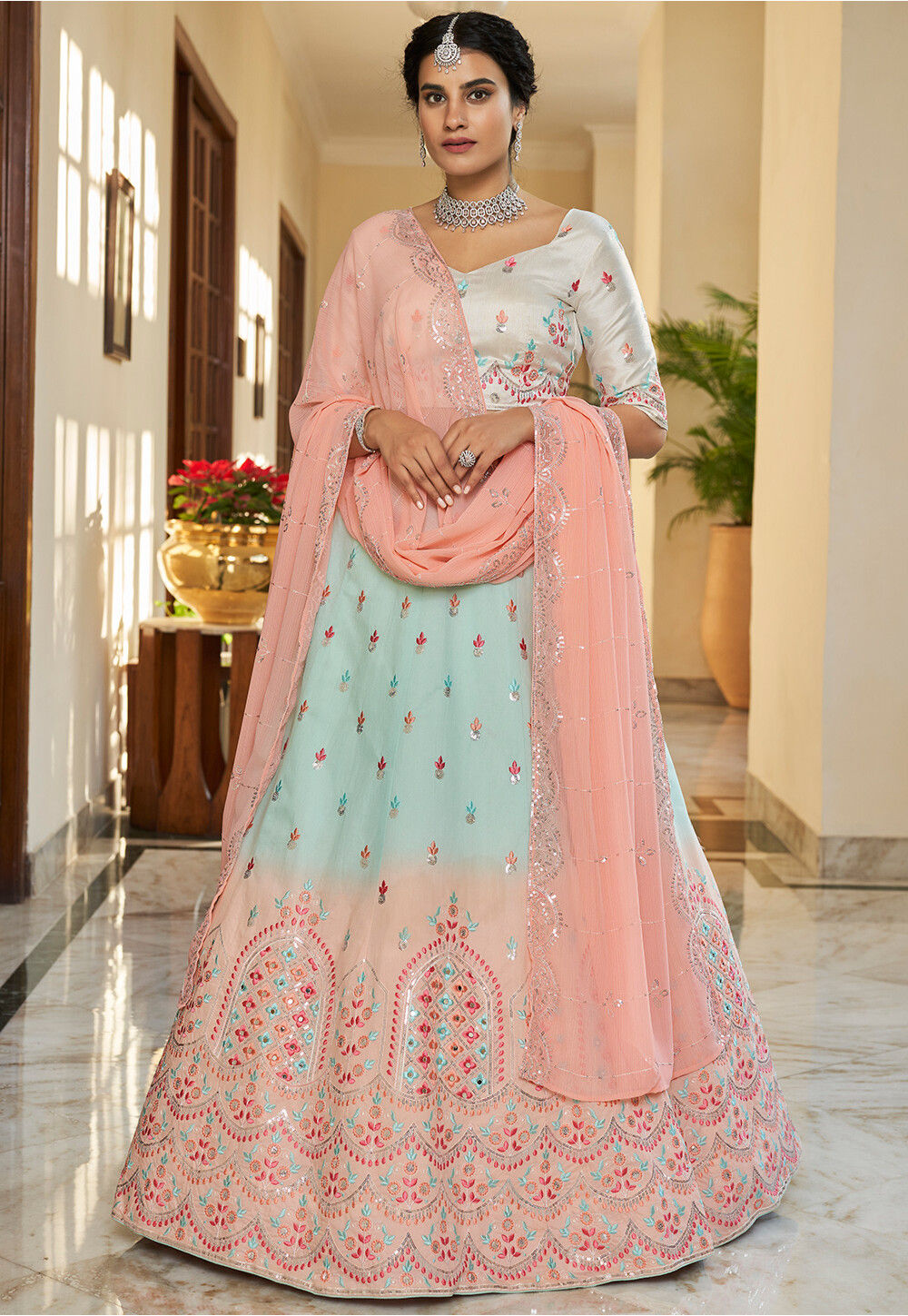 Top 146+ blue and pink combination lehenga