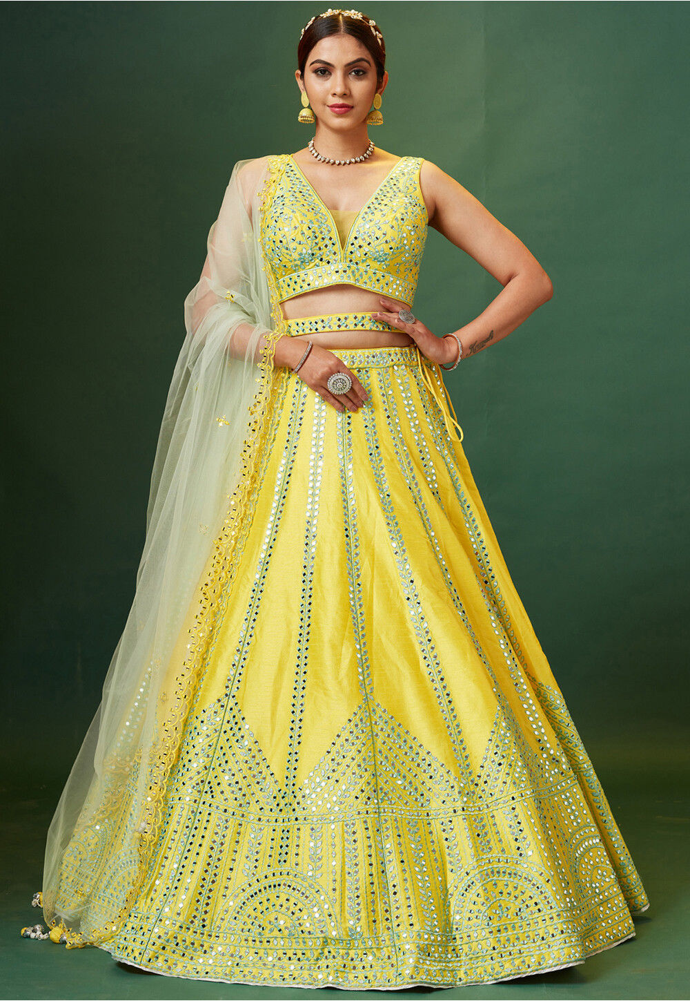 Embroidered Satin Lehenga in Teal Green Ombre : LAV52