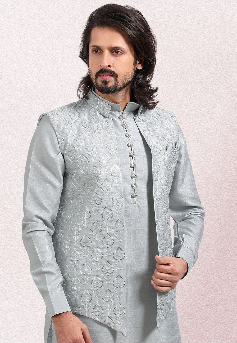 Grey floral printed nehru jacket by Desi Doree | The Secret Label