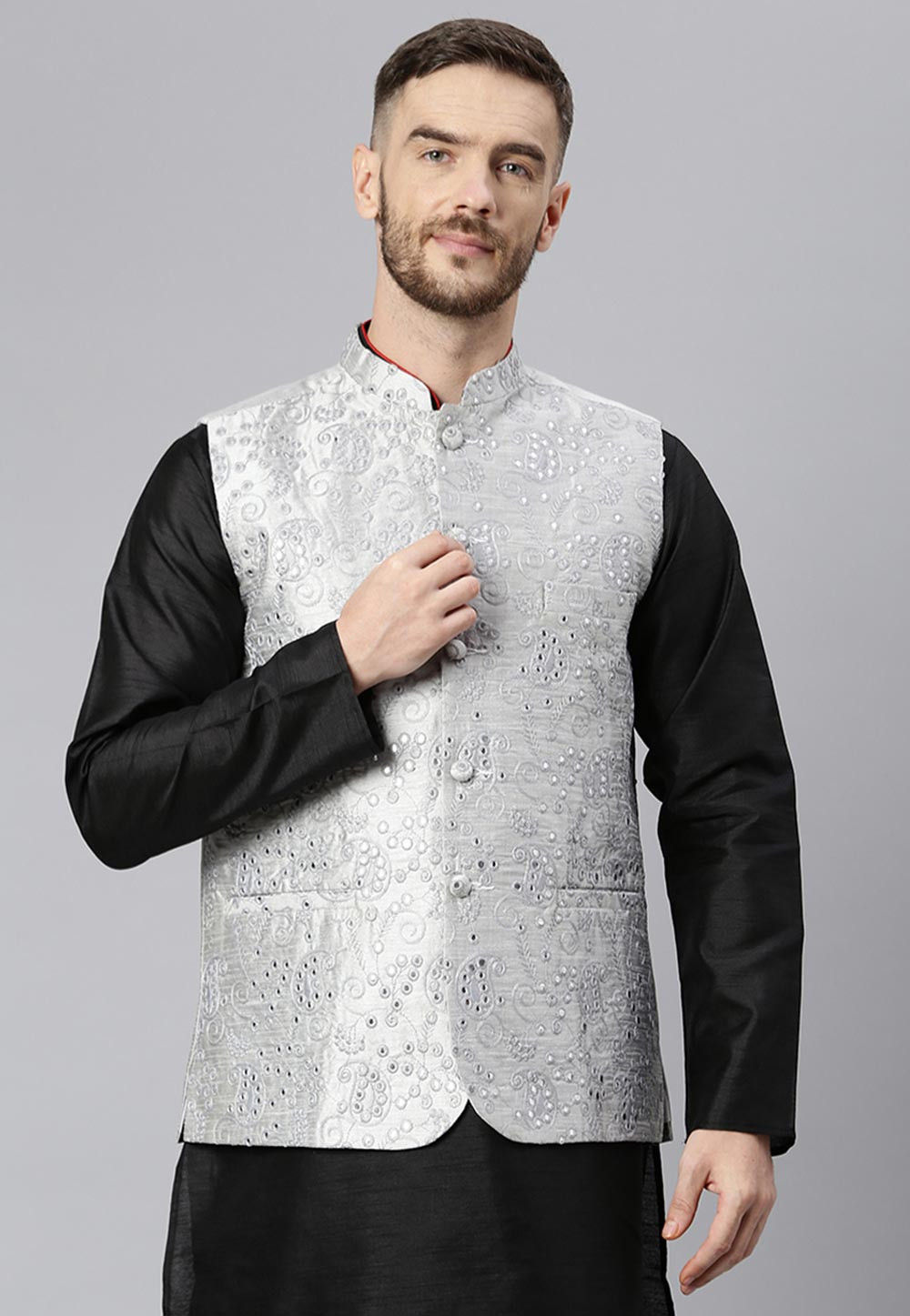 Grey Color Cotton Kurta Pajama With Nehru Jacket 993MW60