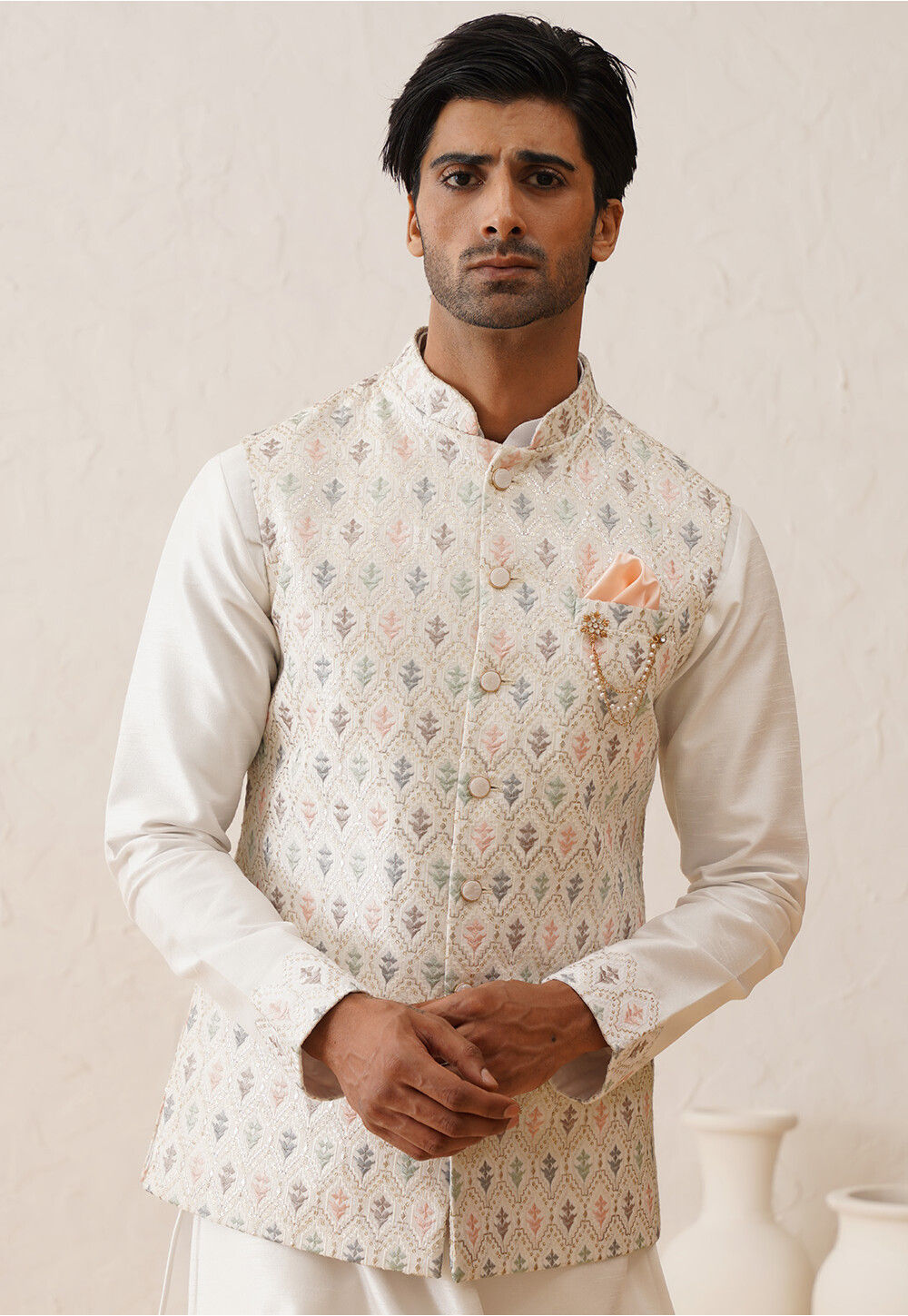 Embroidered Art Silk Nehru Jacket in Off White Men