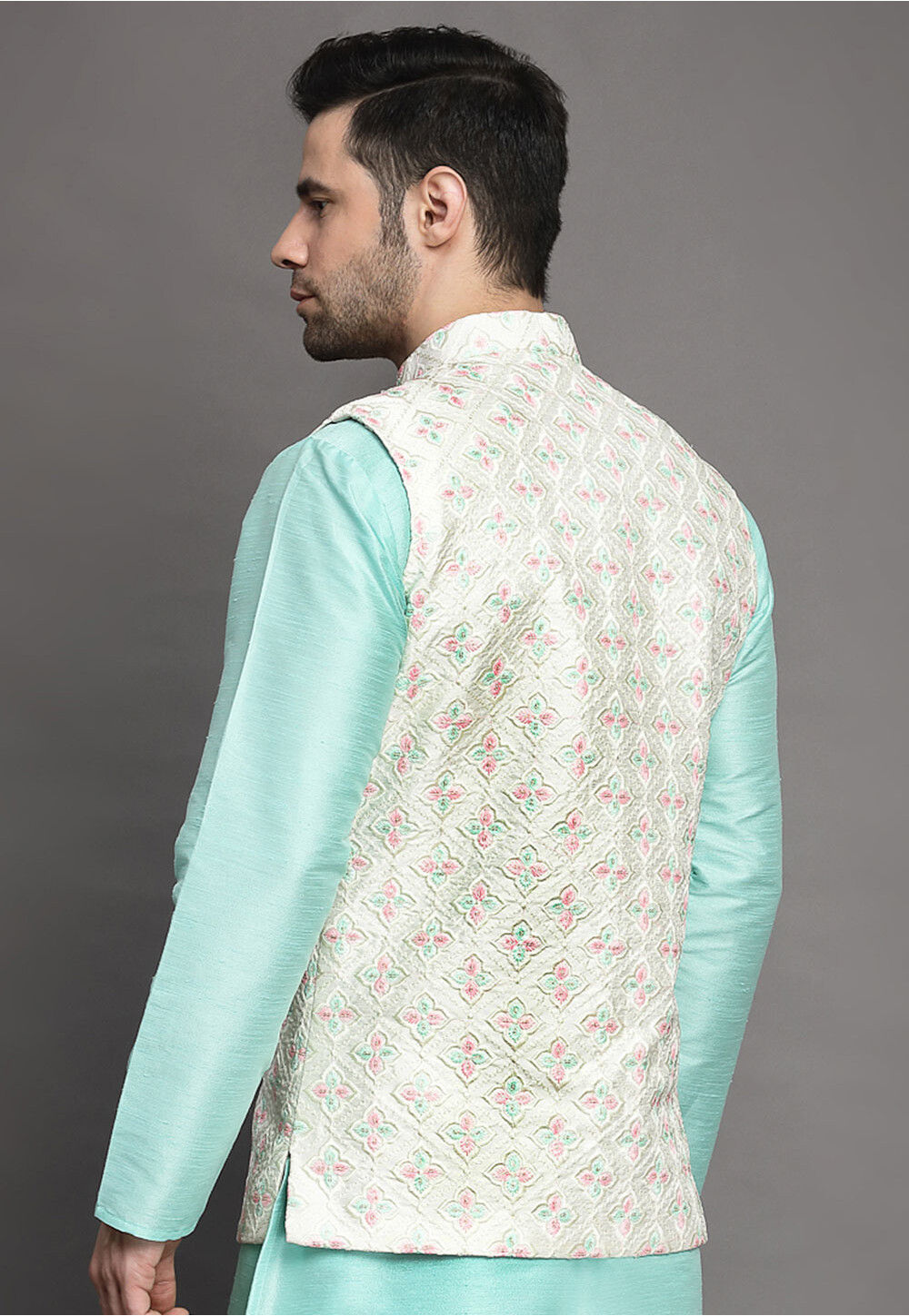Embroidered Art Silk Nehru Jacket in Off White MXX133