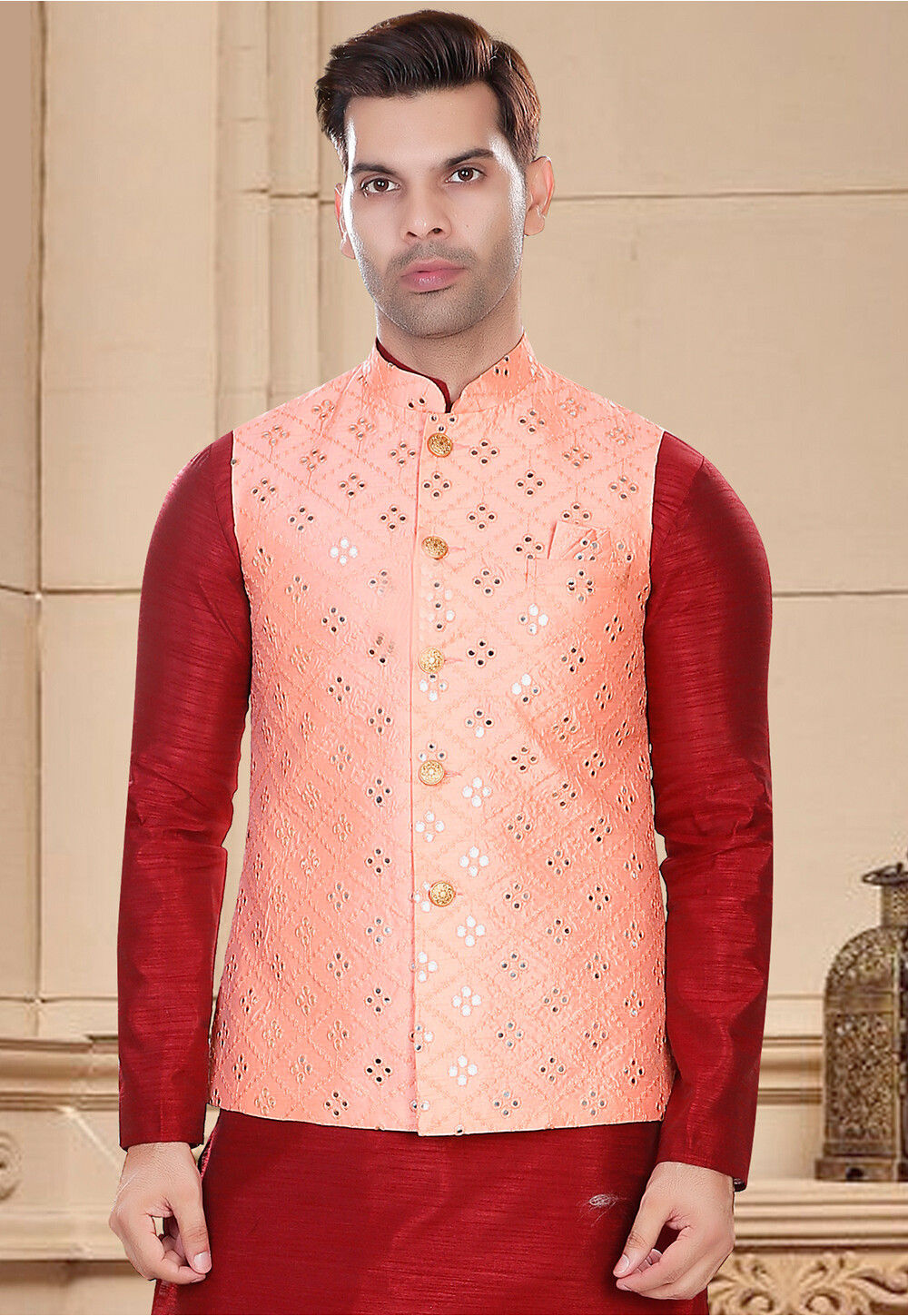 Divena Women Peach-Coloured Gotta Patti Printed Cotton Anarkali With Long  Ethnic Jacket - Absolutely Desi
