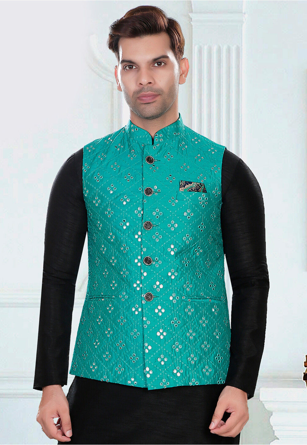 WINTAGE Men's Poly Cotton Festive and Casual Nehru Jacket Vest Waistcoat : Light  Blue