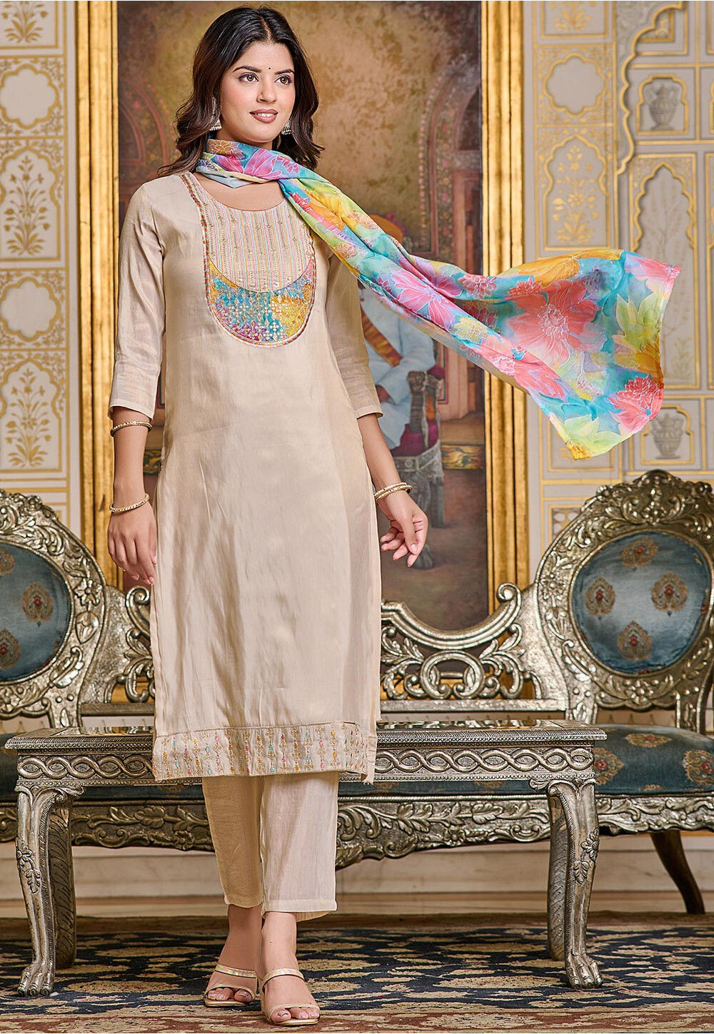Beige Traditional Designer Pakistani Semi-Stitched Pant Suit With Hand With Thread Embroidery Work