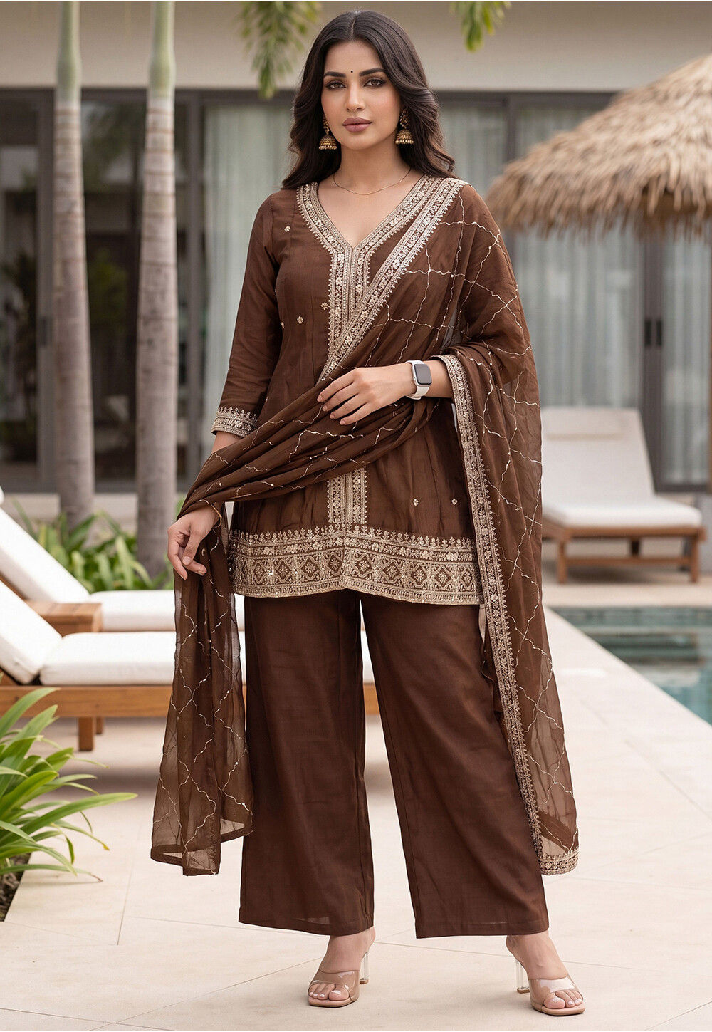 brown pakistani dress Embroidered Art Silk Suit in Dark The chocolate brown tone x-launchdate:Jun23_Drop 1 Mother-of-the-Groom Journey: The Formal COLOR:Blue Gingham