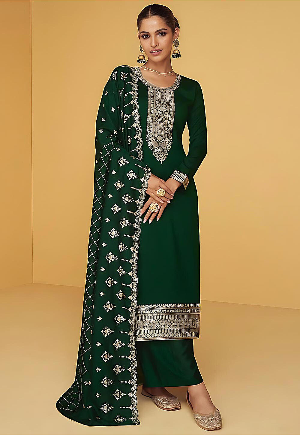 Embroidered Art Silk Pakistani Suit In Dark Green Kch10400