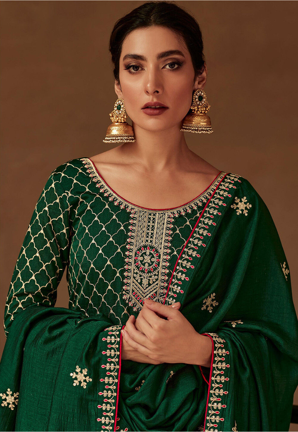 Embroidered Art Silk Pakistani Suit In Dark Green Kch10439