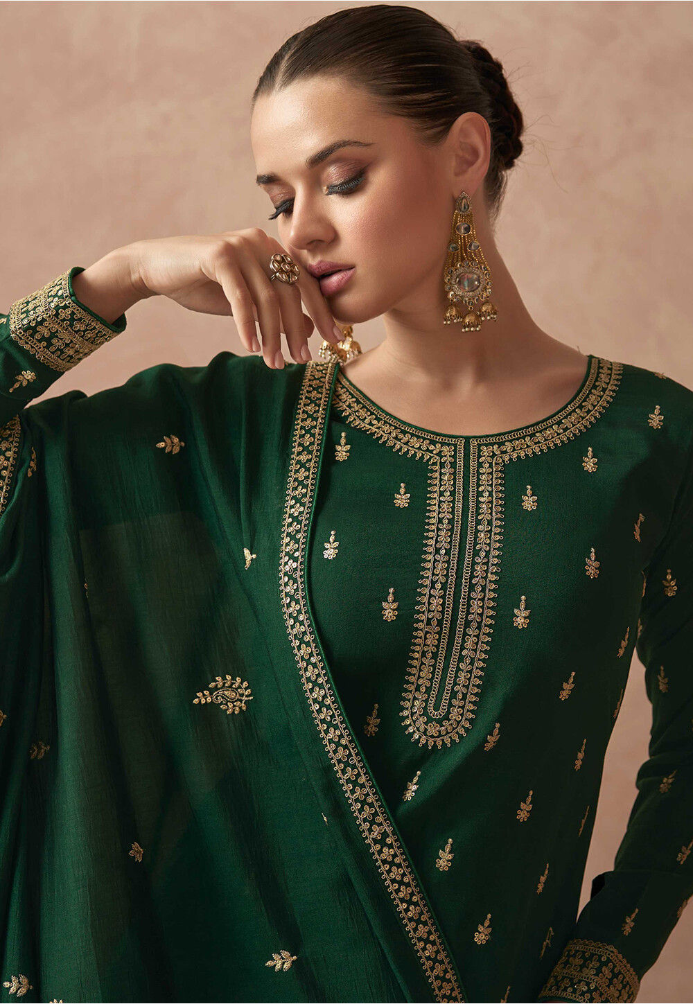 Embroidered Art Silk Pakistani Suit In Dark Green Kch11345