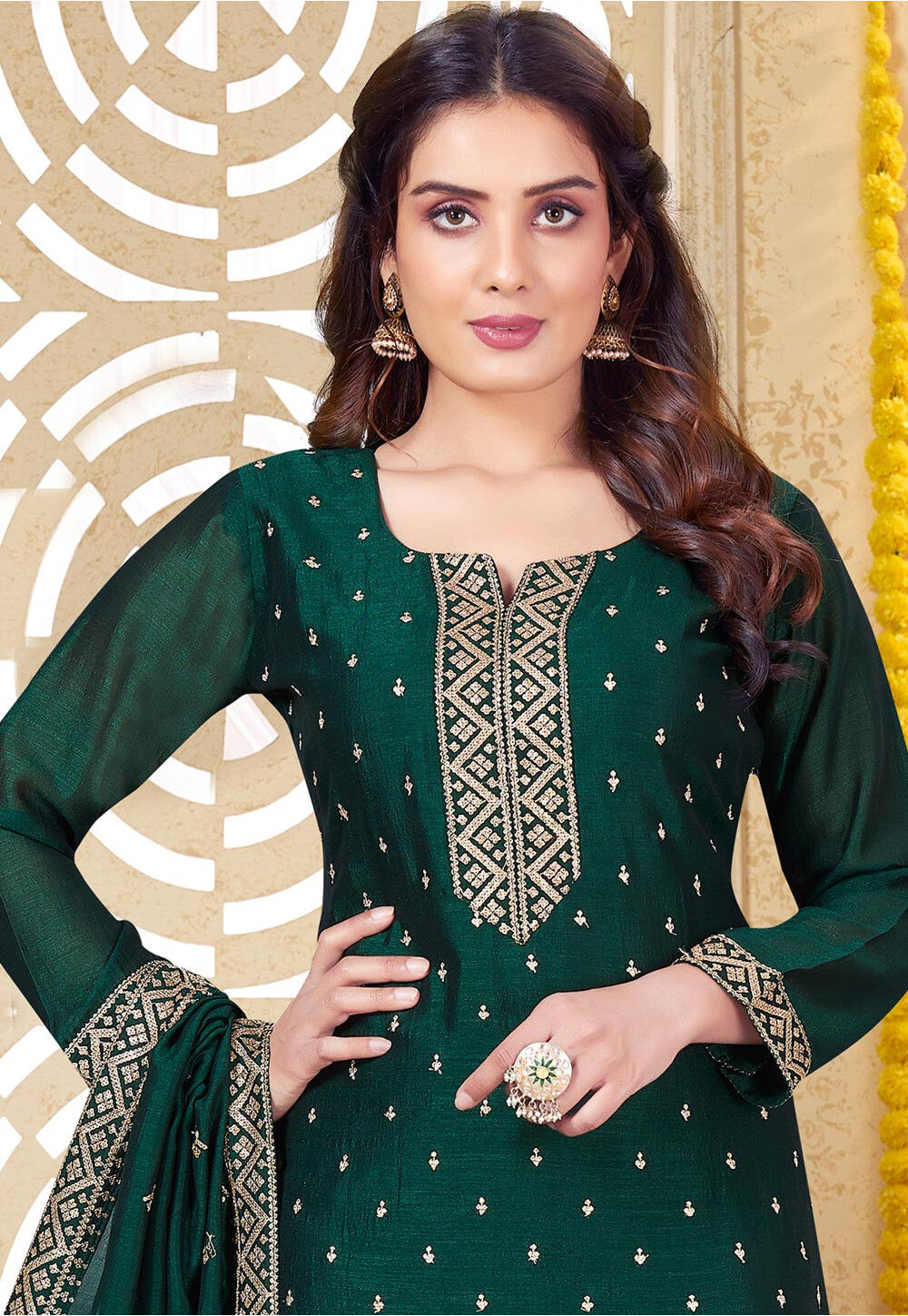 Buy Embroidered Art Silk Pakistani Suit in Dark Green Online : KGZT5208 ...