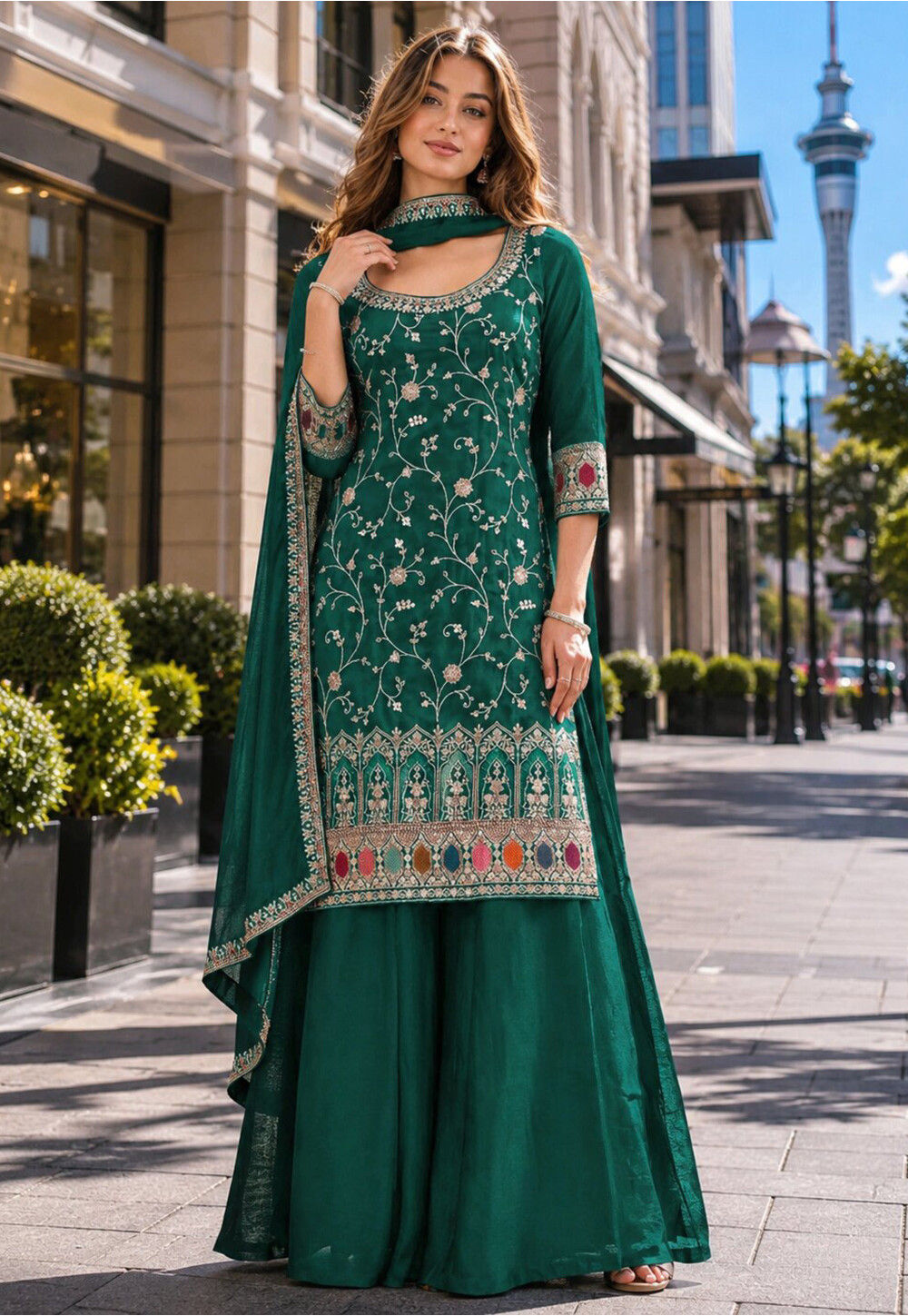 Buy Embroidered Art Silk Pakistani Suit in Dark Green Online : KQT1150