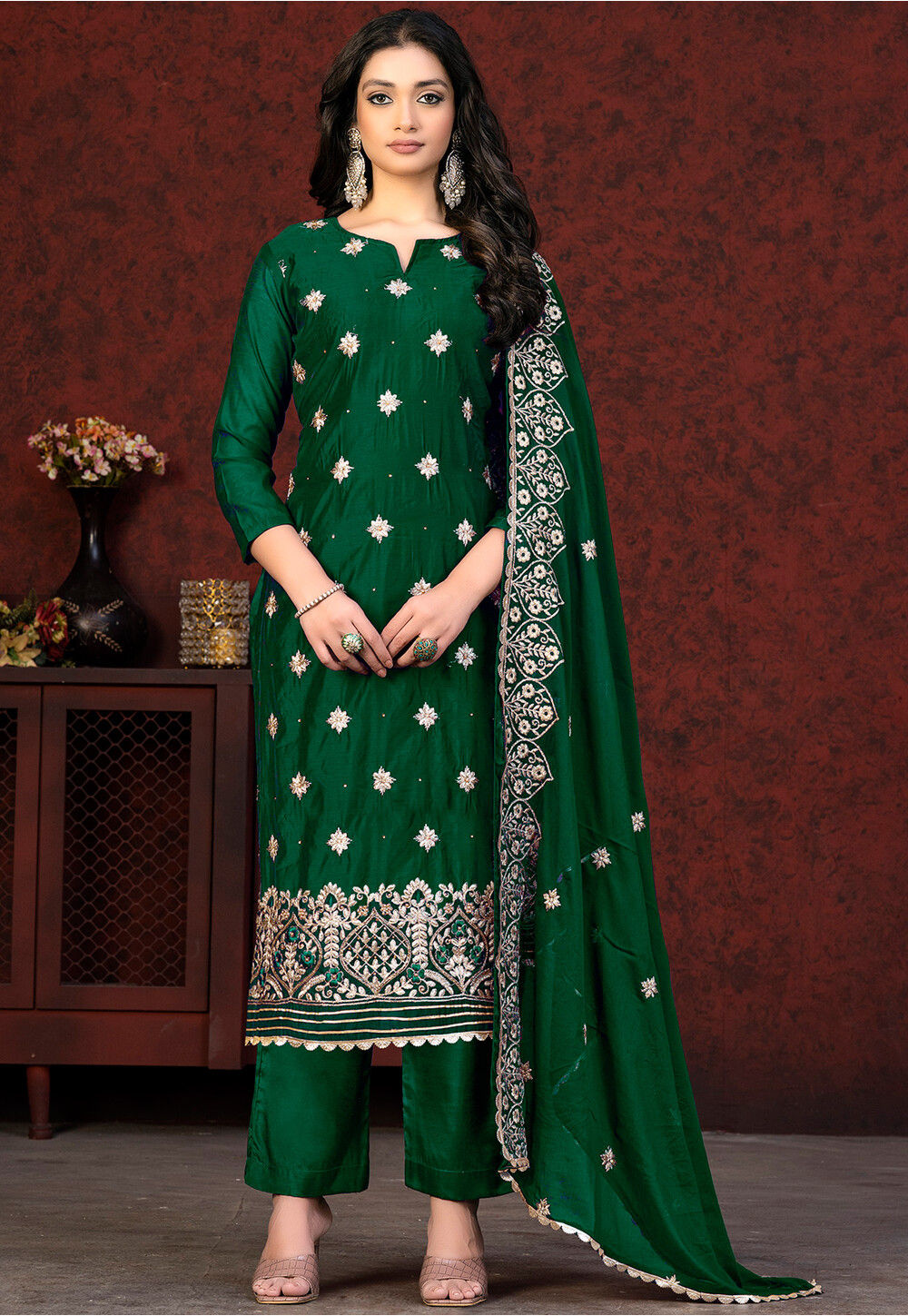 Buy Embroidered Art Silk Pakistani Suit in Dark Green Online : KYE2351 ...