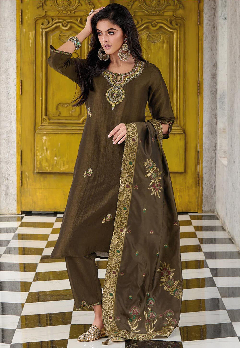 Buy Embroidered Art Silk Pakistani Suit in Dark Olive Green Online : KBNQ5392 - Utsav Fashion Buy Embroidered Art Silk Pakistani Suit in Dark Olive Green Online : KBNQ5392 - Utsav Fashion