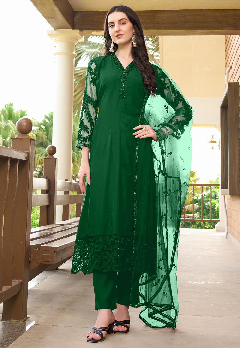 Embroidered Art Silk Pakistani Suit in Green Embroidered Art Silk Pakistani Suit in Green