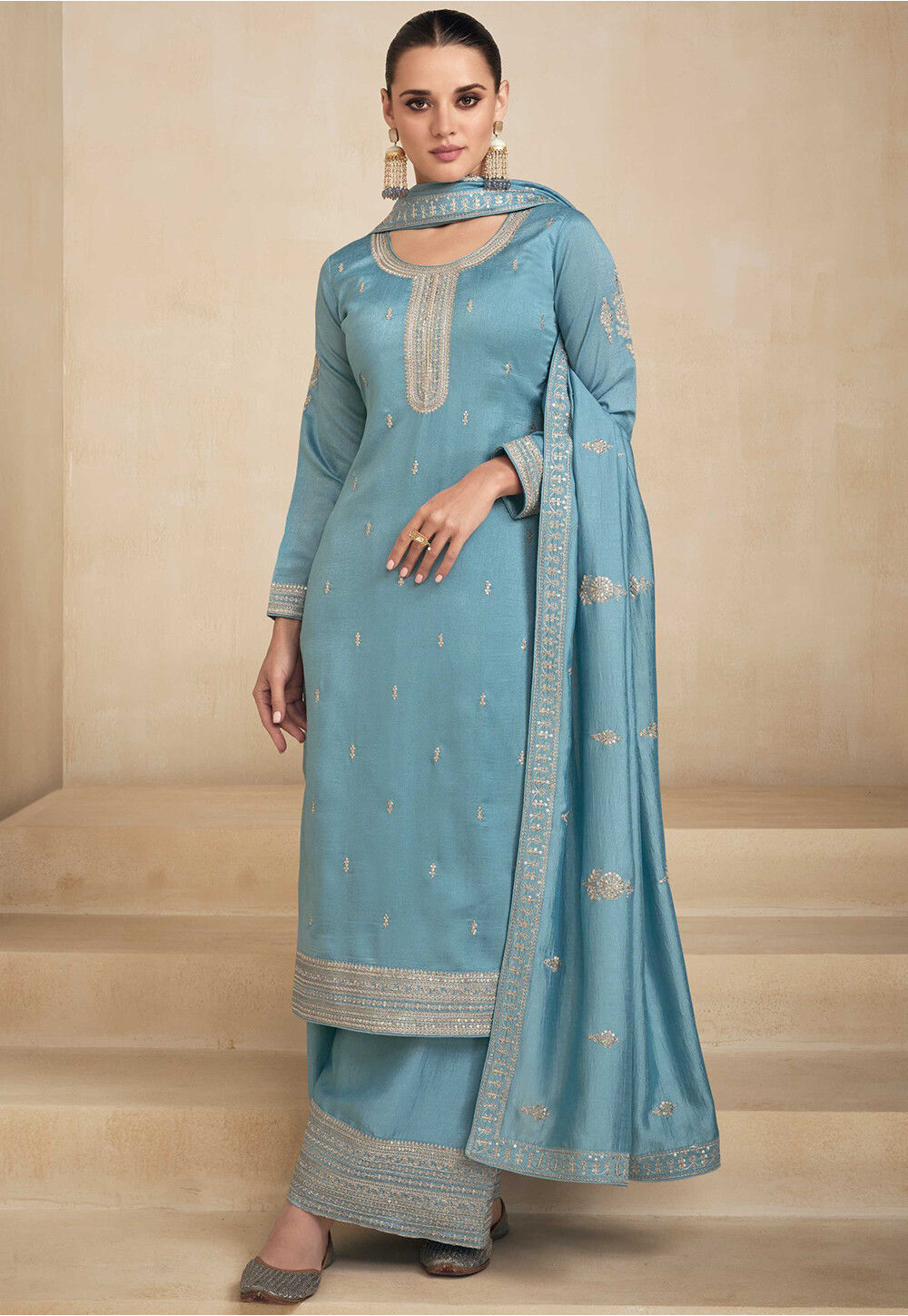 Sky Blue Sharara Suit Plazzo Dress Indian Ethnic Woman Salwar Kameez Party  Wear | eBay