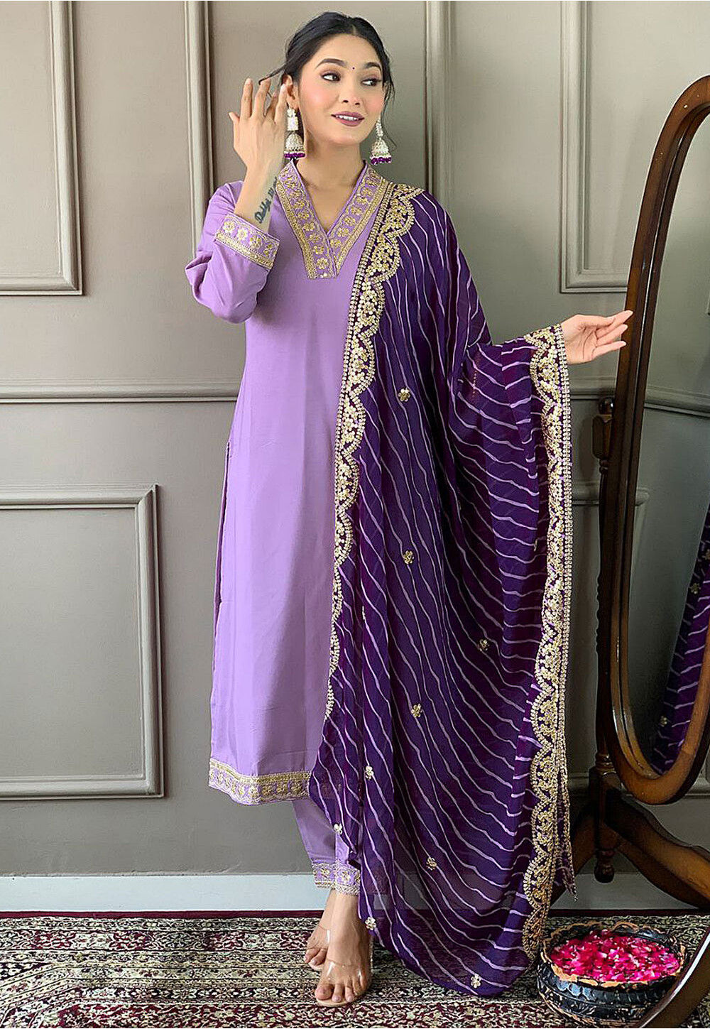 Punjabi Style Silk Embroidered Salwar Suit in Dusky Purple