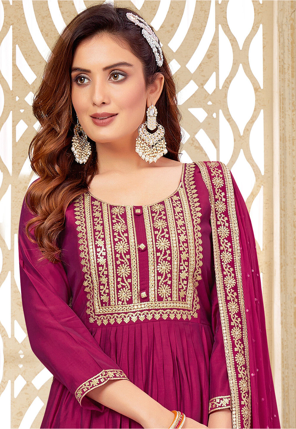 Embroidered Art Silk Pakistani Suit in Magenta : KGZT5147