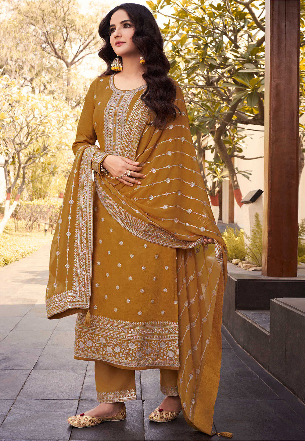 Buy Embroidered Art Silk Pakistani Suit In Mustard Online Kch10841 Utsav Fashion