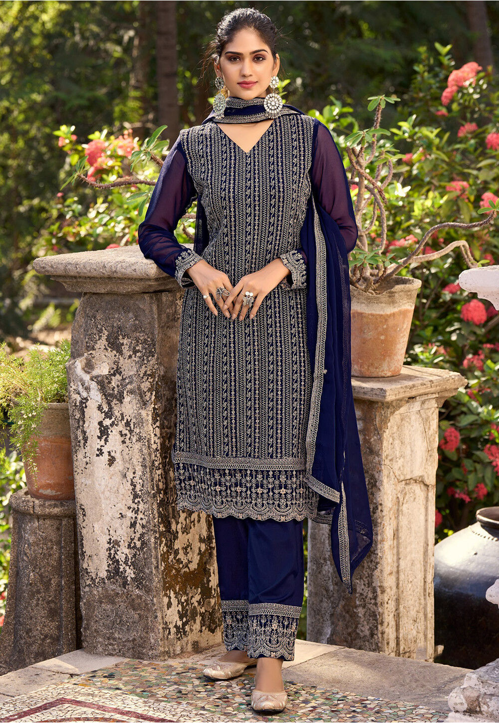 Embroidered Art Silk Pakistani Suit in Navy Blue