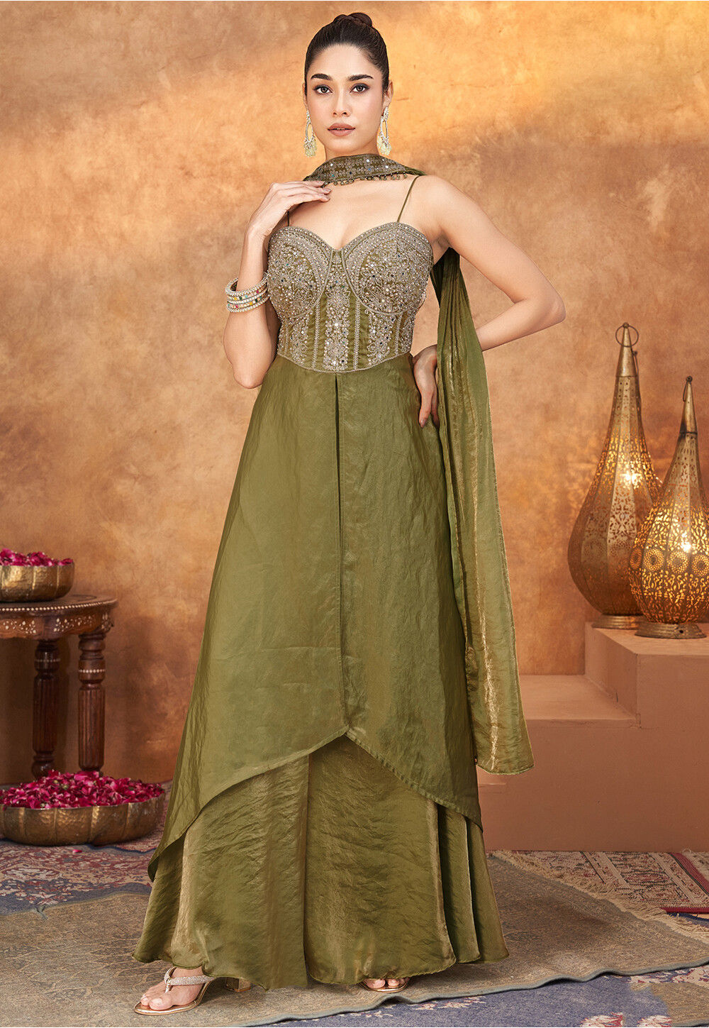 Embroidered Art Silk Pakistani Suit in Olive Green Embroidered Art Silk Pakistani Suit in Olive Green