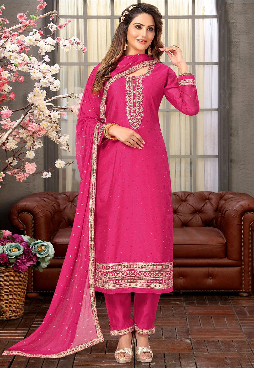 Buy Embroidered Art Silk Pakistani Suit in Pink Online : KGZT5205 ...