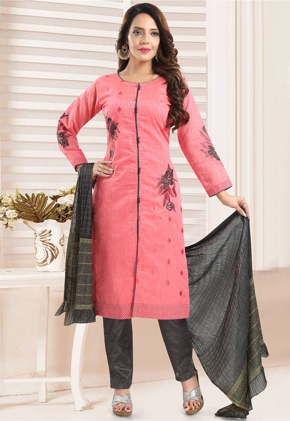 Buy Embroidered Art Silk Pakistani Suit in Pink Online : KUMT935 ...