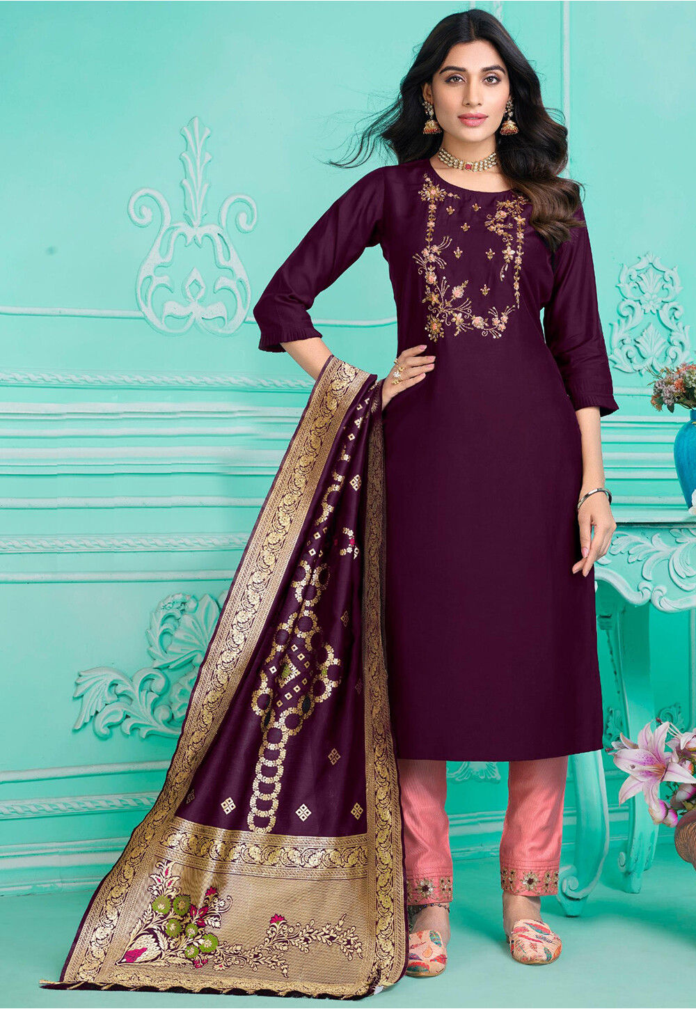 Buy Embroidered Art Silk Pakistani Suit In Purple Online Kvg329 Utsav Fashion