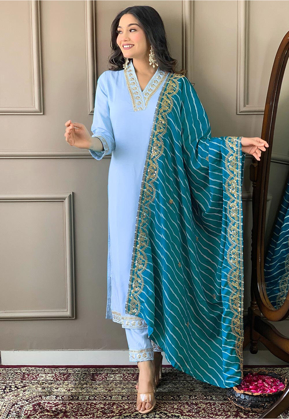 Buy Embroidered Art Silk Pakistani Suit in Sky Blue Online - Main Image