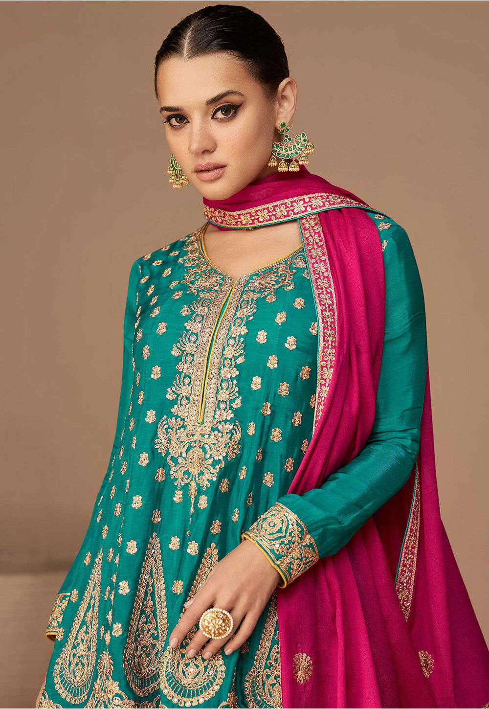Embroidered Art Silk Pakistani Suit in Teal Blue : KCH10986